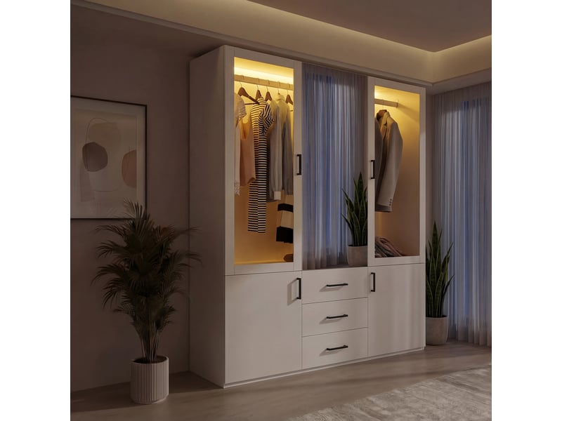 Armoire blanc,led,2 portes transparentes, miroir ,3 tiroirs ,1 penderies,2 portes battantes,l 130 x h 181.5 x p 51.8 cm - Conforama R