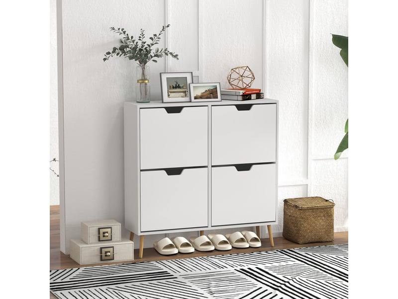  Meuble à chaussures étroit avec 4 tiroirs abattants et pieds en bois, rangement pour 16 paires de chaussures, 95 x 26 x 95 cm, blanc  - Conforama B