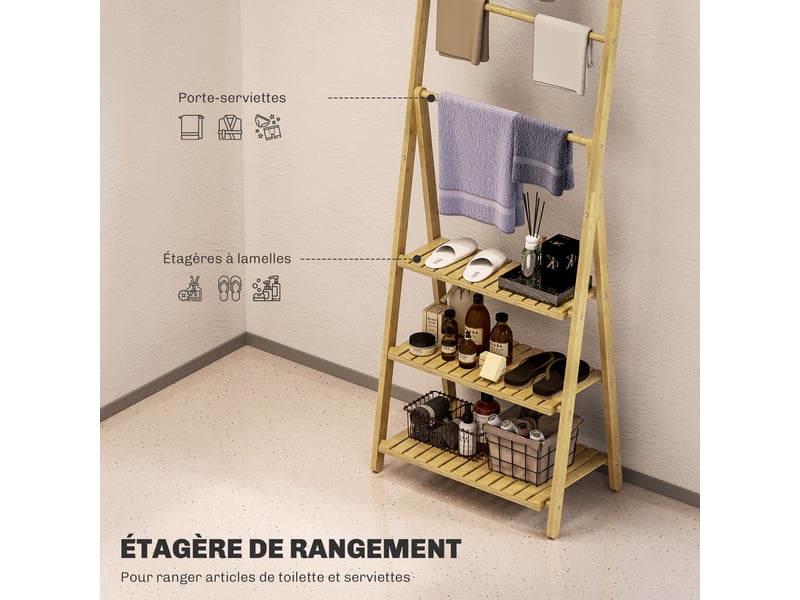  Étagère salle de bain en bambou pliable 3 niveaux étagère à échelle porte-serviettes effet bois naturel 53,5x30x153cm  - Conforama E