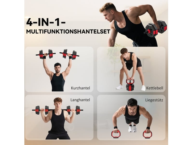 Haltères réglables 15 kg 100x18x18 cm – rouge – set 4-en-1 barre longue, kettlebell et poignées de pompe - Conforama D