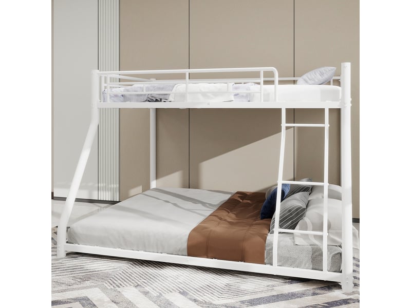  Lit superposé métal - 90x190-140x190cm - échelle inclinée sécurisée - garde-corps 31,5cm - blanc  - Conforama C