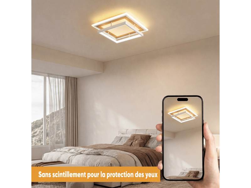 Plafonnier led carré moderne, d30 x h9 cm, lampe de plafond 34 w 2817 lm, blanc sable et bois, 3000 k, salon, chambre, cuisine - Conforama D
