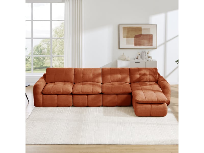  Canapé 4 places - 334 x 160 x 68 cm - canapé modulable en l en chenille avec 1 pouf amovible et coussins - orange  - Conforama C