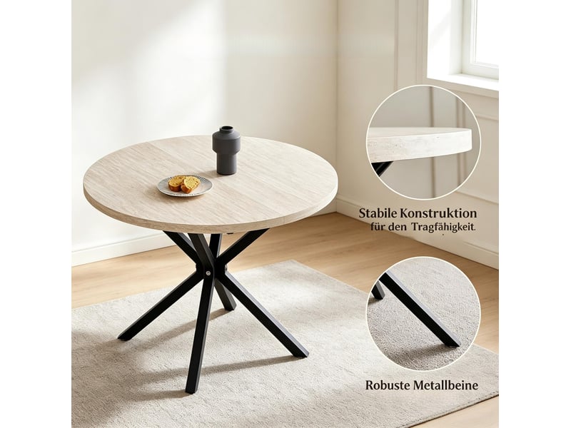  Table à manger ronde 100 cm – noir et bois clair – plateau mdf décoratif, piètement métal croisé  - Conforama E