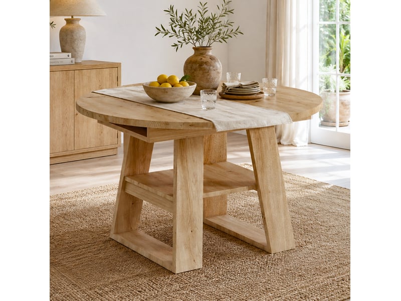  Table extensible ronde en mdf bois clair, 4 à 6 places, 110150 × 110 cm, rangement intégré, style scandinave  - Conforama B