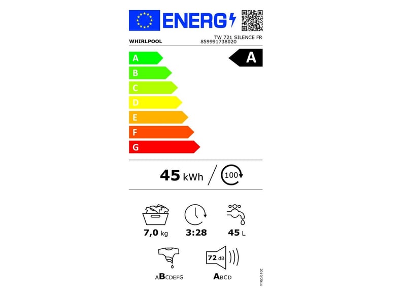  Whirlpool - lave-linge top, 7kg, 1200trs, classe a, freshcare, ecran tactile led bl  tw721silencefr - TW721SILENCEFR - Conforama B
