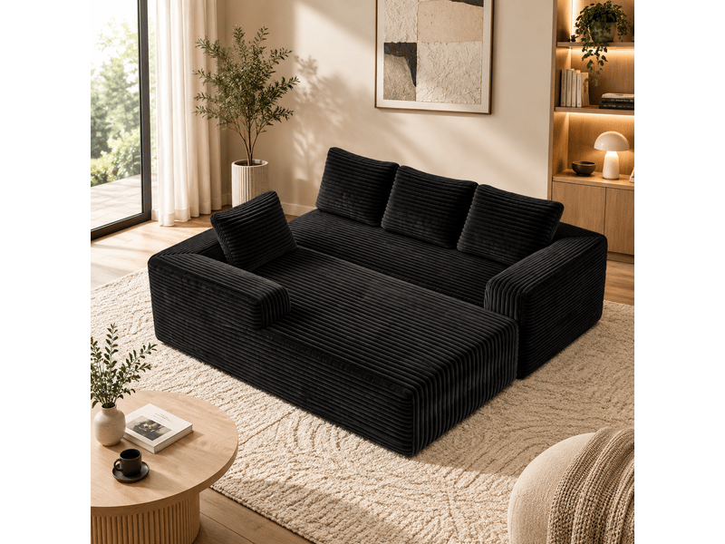 Canapé d’angle 4 places 261x168x58 cm - canapé en l avec méridienne réversible - canapé cloud - assise confortable - velours côtelé - noir CozyNest - Conforama E