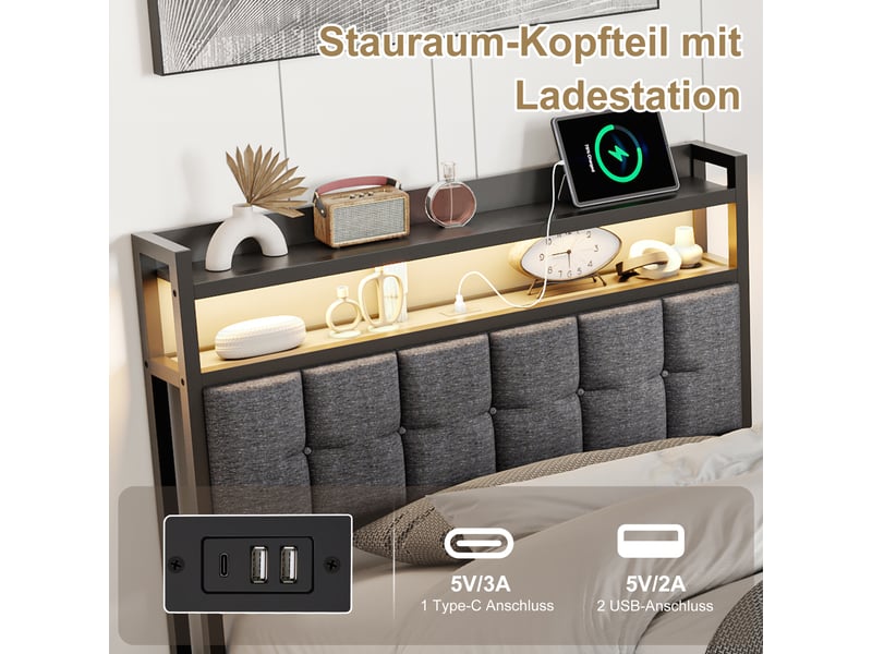  Lit coffre 90x200 avec led et usb, lit simple avec espace de rangement hydraulique cadre de lit rembourré avec  tete de lit lits 1 place pour adolescent et chambre d'amis gris lin, sans matelas  - Conforama E
