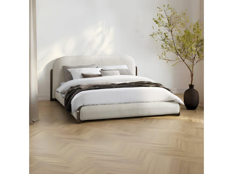  Lit double en tissu beige et bois foncé 160x200 cm  - Conforama B