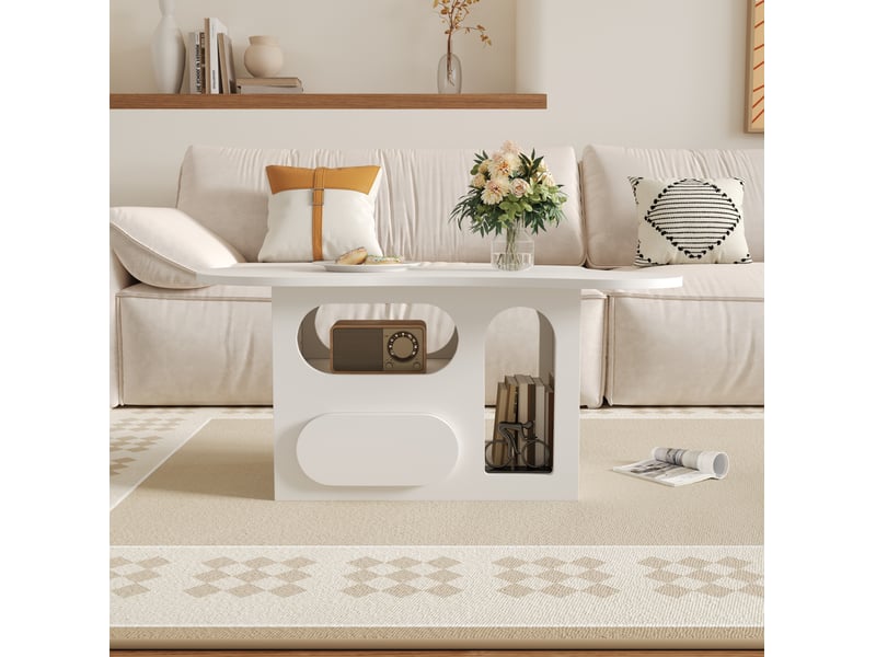  Table basse avec 2 tiroirs et niches ouvertes, forme nuage, pour salon, en panneaux de particules, blanc, 97 × 45 × 43,5 cm  - Conforama C