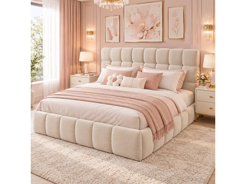  Lit capitonné 140x200 cm avec dossier rembourré, cadre bas et contour matelassé en velours, sans matelas, beige  - Conforama B