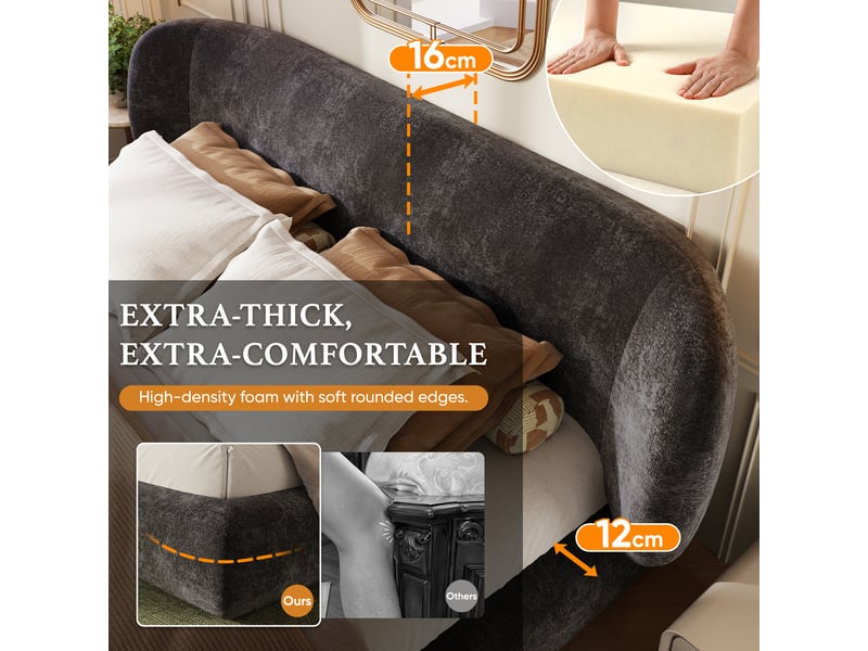  Lit double 140×200 cm capitonné en chenille, tête de lit et bords arrondis - okmyhome- gris, sans matelas  - Conforama E