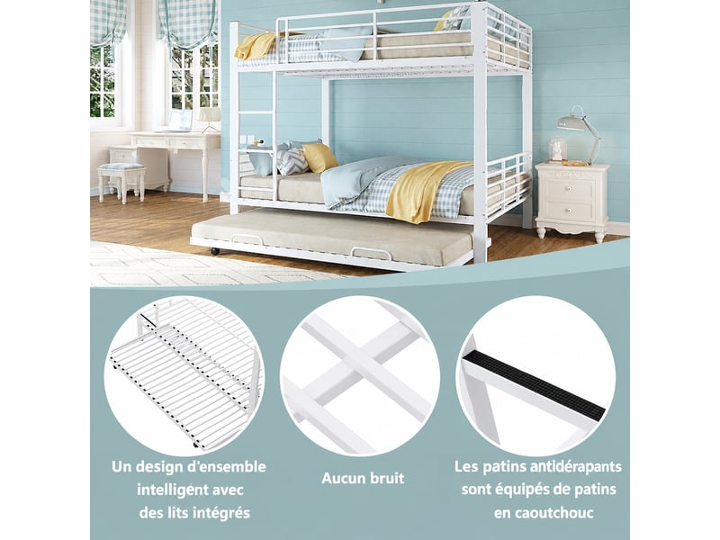  Lit superposé 3 places avec couchage gigogne 140x200 cm en métal blanc mat - barrière de 40 cm  - Conforama R