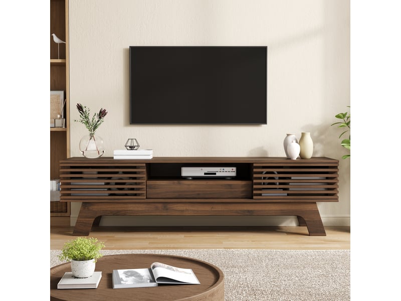  Meuble tv bas 150x35x44 cm – noyer – en mdf, 2 portes, 1 tiroir et passe-câbles pour salon moderne  - Conforama D