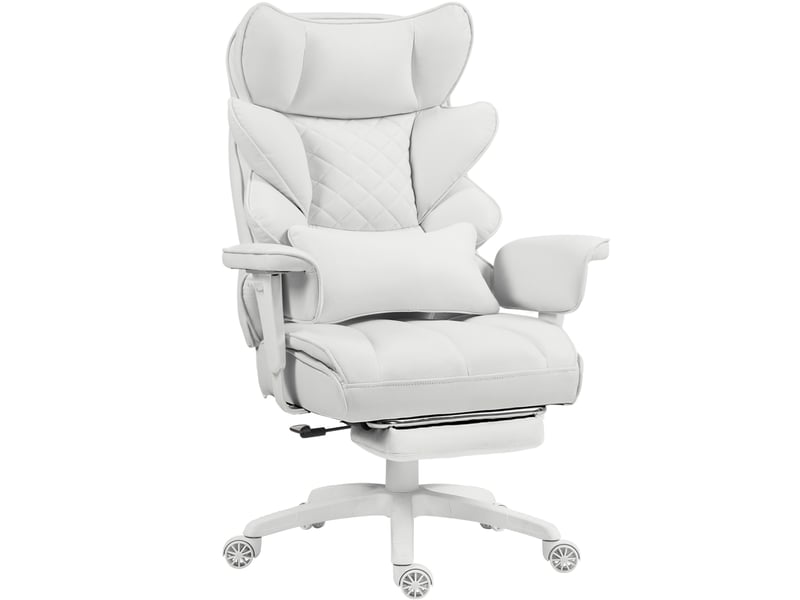 Fauteuil gaming ergonomique – assise à ressorts ensachés – dossier doublement rembourré – coussin lombaire réglable – accoudoirs et repose-pieds – similicuir blanc - Conforama A