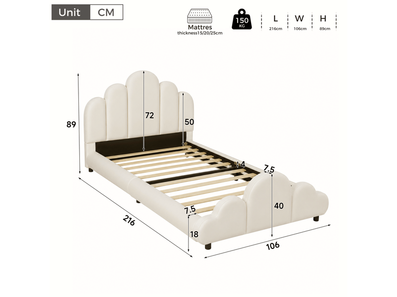  Lit enfant 90x200 cm en velours beige avec sommier à lattes et angles arrondis  - Conforama C