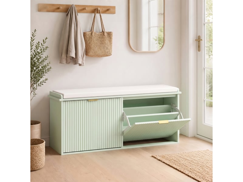  Banc à chaussures avec coussin d'assise rembourré et tiroir rabattable pour couloir, chambre, 104 x 26 x 47,5 cm, vert  - Conforama A