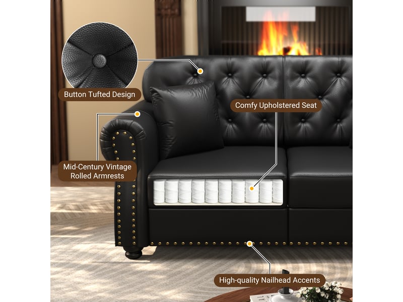  Salon chesterfield 4 places avec pouf en simili cuir noir, 210 cm Fay Lum - Conforama E