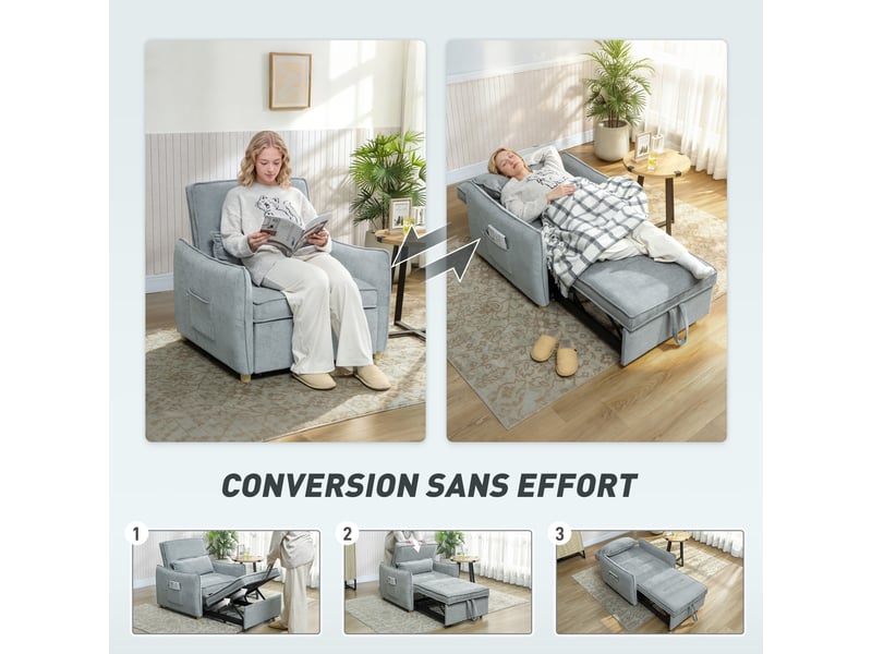  Fauteuil convertible 1 place en chenille gris 88x84x87 cm  - Conforama D