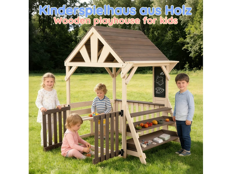  Cuisine d'extérieur enfant en bois 114x147,5x156 cm – gris et beige – toit résistant à la pluie, rangement  - Conforama E