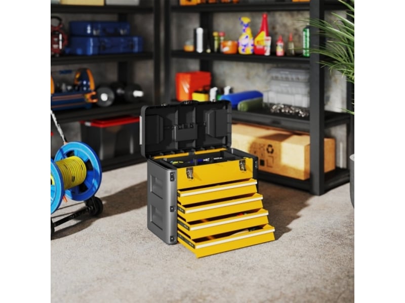 Caisse à outils vide en acier jaune 49,7 × 25,3 × 40,7 cm, 4 tiroirs et mini-boîte de rangement - Conforama D