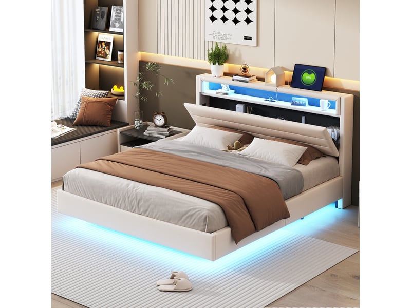  Lit double 160x200 cm, tête réversible avec rangement, ports usb, led multicolore en tête et pied, pieds dissimulés, sommier à lattes, lin, beige  - Conforama B