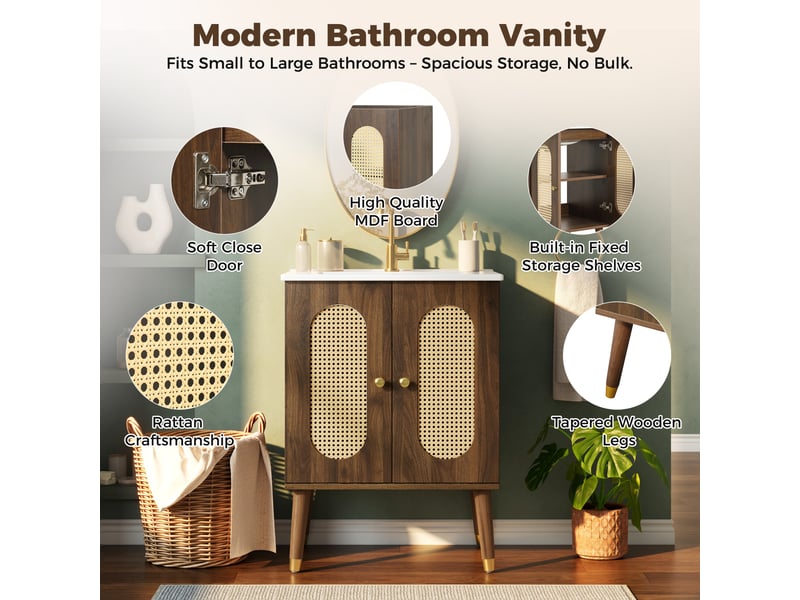  Meuble sous-vasque avec vasque céramique et portes en rotin, 61 cm  - Conforama E