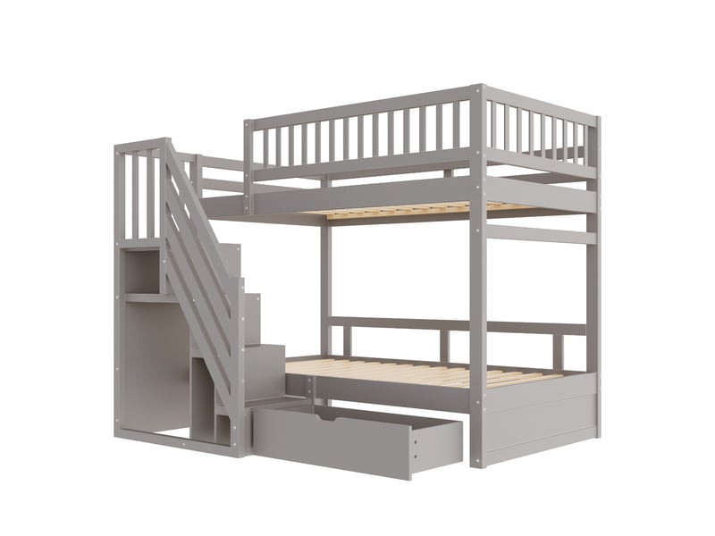  Lit superposé en bois massif 90*200 cm, gris, échelle avec rangement, tiroirs et garde-corps élevé pour enfants  - Conforama A