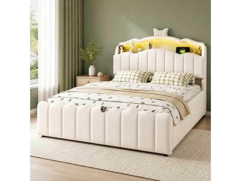 Lit enfant coffre 140 x 200 cm en velours beige avec tête de lit à rangement, led et ports usb - Conforama B