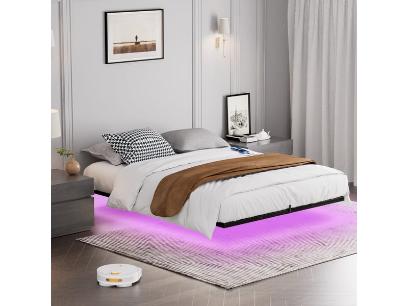  Lit double rembourré 160x200 cm avec éclairage led, cadre de lit adulte avec structure suspendue, noir, lit 2 personnes  - Conforama C