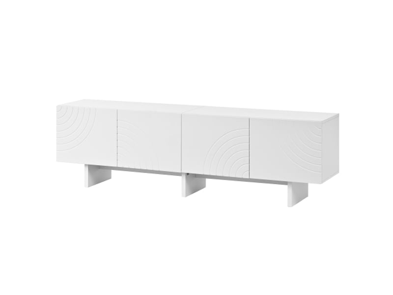  Meuble tv blanc moderne 4-portes arc géométrique – façades en relief, séparation centrale, rangement salon  - Conforama A