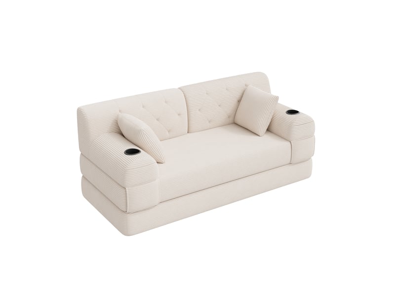  Canapé convertible 2 places 168x80x81 cm sans montage, dossier haut, 2 porte-gobelets, 4 poches latérales, mousse haute densité, velours côtelé beige  - Conforama A