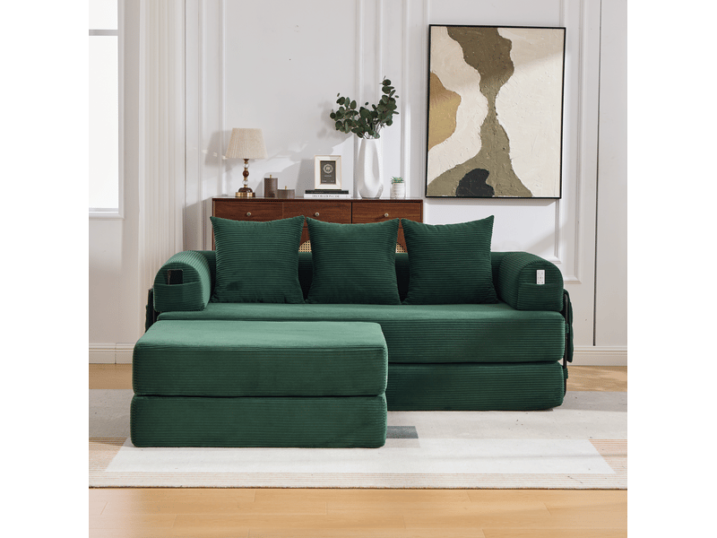 Canapé modulaire 3 places en velours côtelé vert émeraude avec pouf et 3 coussins - Conforama D