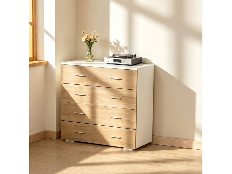  Commode 4 tiroirs 76 x 35 x 72 cm blanc et bois clair, panneau de particules avec dispositif anti-basculement  - Conforama D