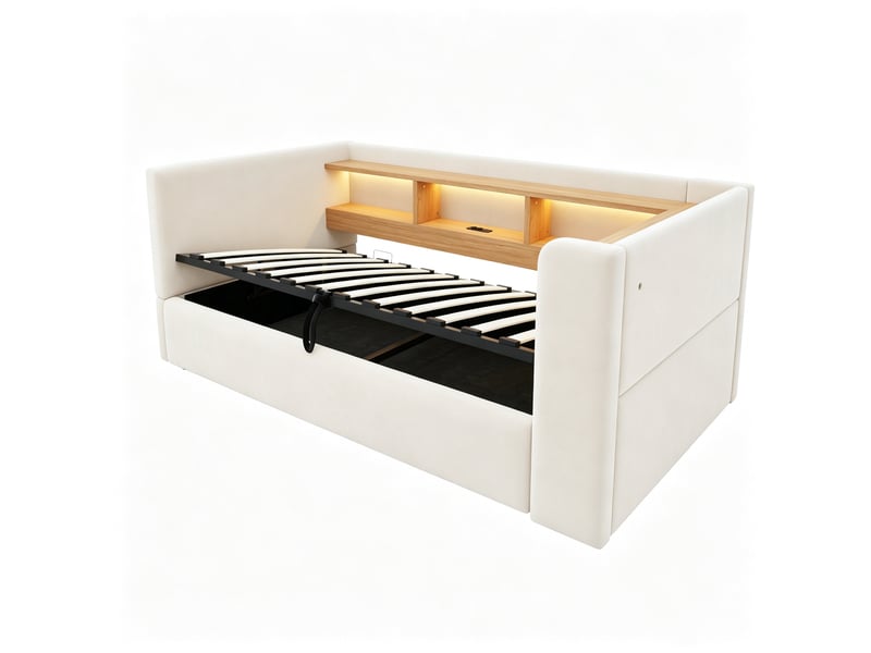  Canapé-lit 90 × 190 cm, équipé d'un éclairage led, d'une prise électrique et d'un espace de rangement, beige  - Conforama E