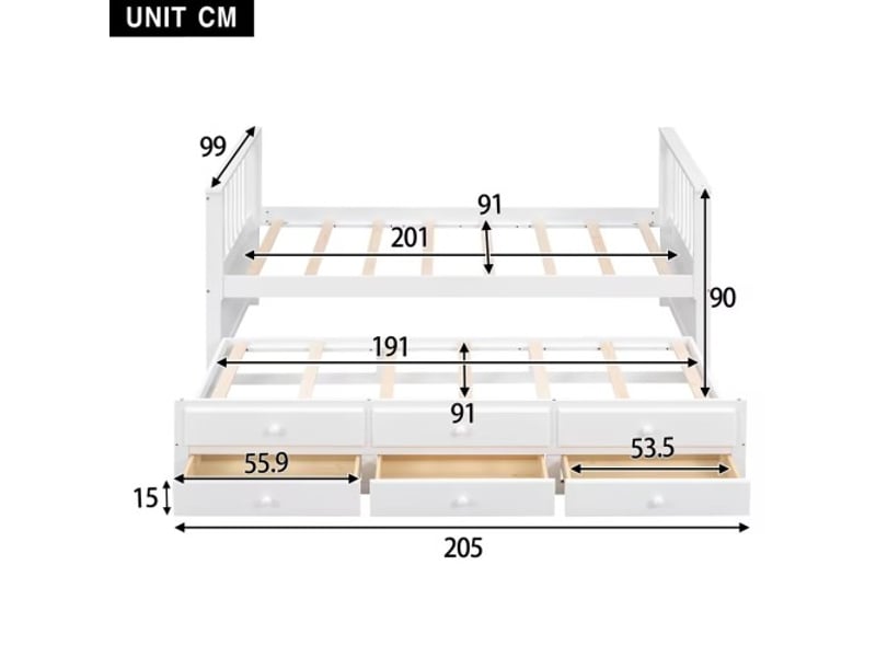  Lit simple 90x200 cm, avec lit gigogne(90x190cm) et 3 tiroirs, en pin massif et mdf, blanc, sans matelas  - Conforama D