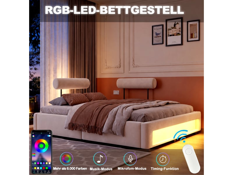  Lit capitonné 160x200 cm avec 2 dossiers réglables 4 positions, éclairage led, velours, beige  - Conforama C