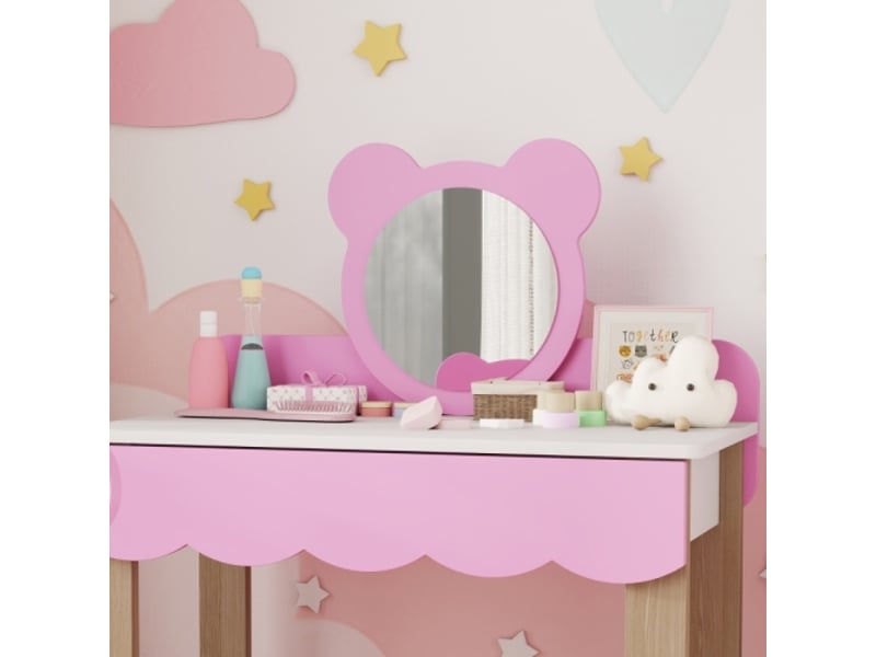  Coiffeuse enfant rose avec tabouret, miroir maquillage, forme ours, tiroir, mdf  - Conforama E