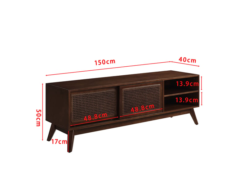  Meuble tv 150 cm pour téléviseur jusqu'à 65 pouces, mdf, rotin, noyer foncé  - Conforama C
