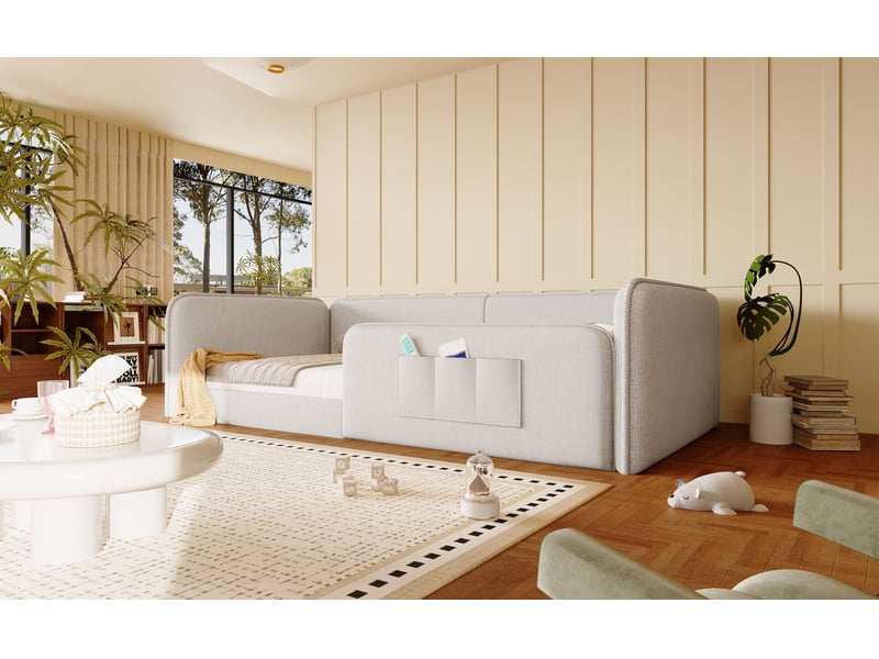  Lit banquette enfant 90 × 200 cm, côtés rembourrés et poches, beige  - Conforama B