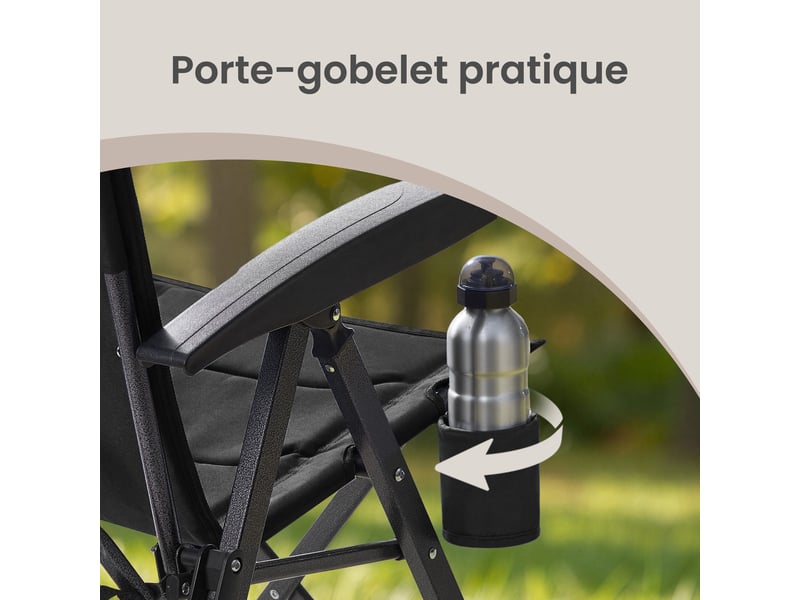 Chaise de camping, dossier réglable 95°-150°, porte-gobelet, sac de transport, pêche, jardin, noir  - Conforama E