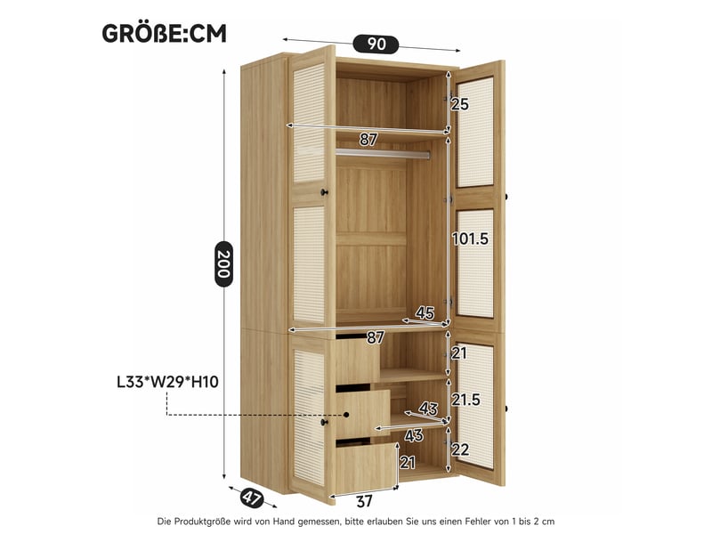  Armoire de chambre 90 x 47 x 200 cm, façade effet rotin, 3 tiroirs et 2 portes battante, 1 penderie, 4 étagères, chêne  - Conforama C