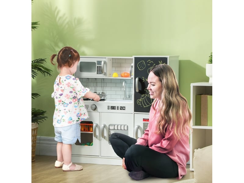  Cuisine jouet pour enfants 83.8x26.8x81 cm avec téléphone, tableau noir, micro-ondes, cuisinière, évier, accessoires, mdf, blanche  - Conforama B