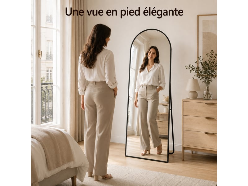 Miroir psyché arqué sur pied 164x54 cm, miroir pleine longueur arqué avec cadre en alliage d'aluminium, miroir de coiffeuse, miroir sur pied inclinable ou suspendu, noir - Conforama E