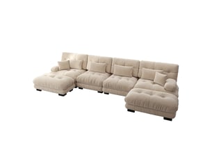 Canapé d'angle, canapé modulable – 4 places, pouf amovible, style cloud, en chenille, forme u, marron clair