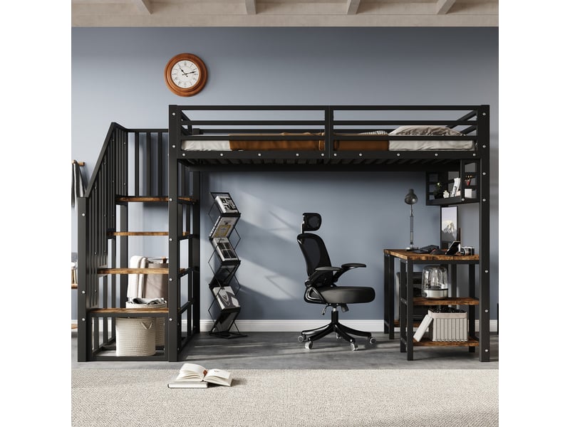  Lit mezzanine,120 x 200 cm,vec rampes, bureau et étagère de rangement inclus,coloris noir et foncé  - Conforama D