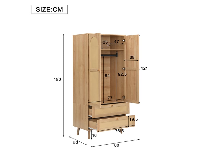  Armoire penderie 80x50x180 cm, 2 portes, 2 tiroirs, tringle, tablette, effet rotin, mdf, naturel  - Conforama C
