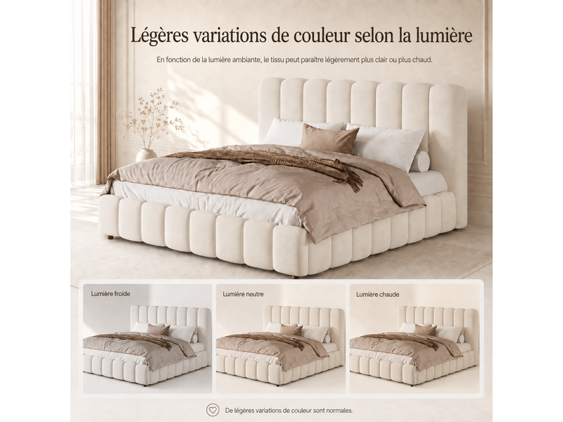  Lit capitonné, lit double, 180 x 200 cm, sommier à lattes, tête de lit rembourrée, grand espace de rangement, beige, velours  - Conforama E