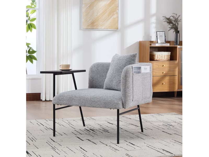  Fauteuil d'appoint gris en tissu chenille avec table d'appoint intégrée, style scandinave  - Conforama C