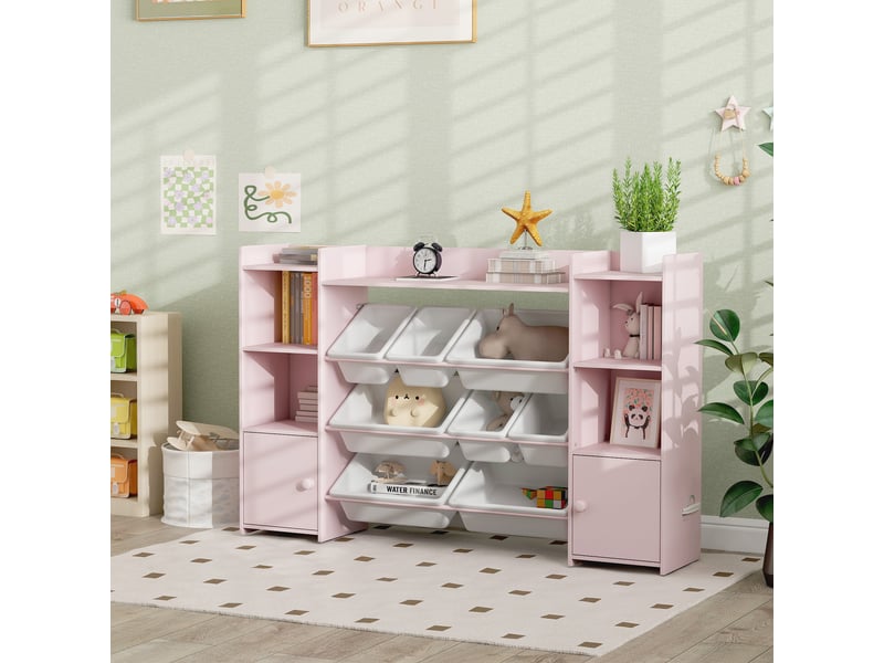 Bibliothèque enfant - rangement à bacs posés x 8 - 4 niches, 3 étagères, 2 portes - rose - Conforama B